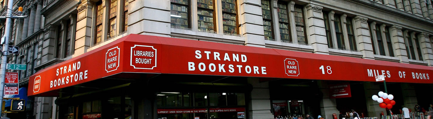 Strand Bookstore exterior view showcasing buyout pricing event