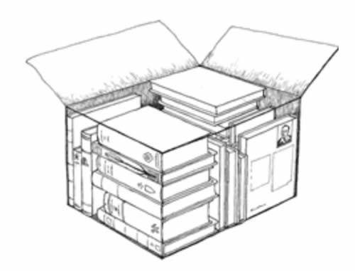 A sketch of an open box filled with various books and folders, some stacked vertically and others horizontally.
